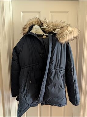 Never worn Crewcuts Navy Blue Puffer Coat with Faux Fur Hood
